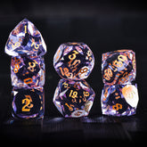 Faceted Purple Glass Dice Set – Handcrafted K9 Crystal RPG Dice with Golden Engravings for Dungeons & Dragons & Collectors
